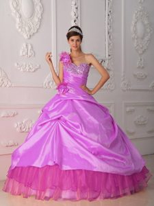 Hot Pink One Shoulder Organza and Taffeta Dress for Quince with Beading
