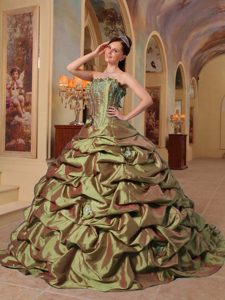 Olive Strapless Taffeta Quinceanera Dress with Pick-ups Popular Nowadays