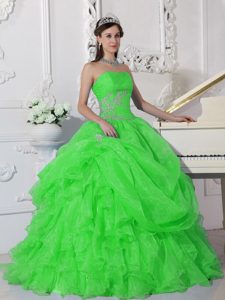 Green Strapless Organza Beaded Quinceanera Dress with Ruffles for Cheap