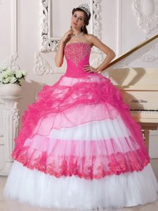 Hot Pink and White Taffeta and Organza Quinceanera Dress with Appliques