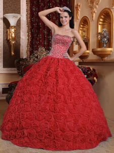 Exclusive Beaded Strapless Dress for Quince with Rolling Flowers in Red