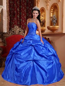 Royal Blue Strapless Beaded Quinceanera Dress with Pick Ups in Taffeta