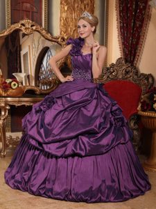 One Shoulder Taffeta Beaded Quinceanera Dress with Hand Flowers in Purple