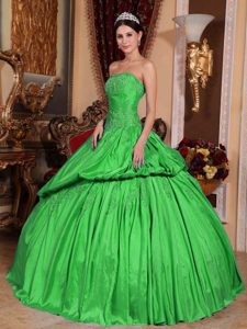 Spring Green Strapless Taffeta Beaded Quinceanera Dresses wit Appliques