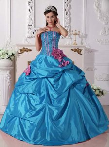 Teal Strapless Taffeta Quinceanera Dress with Beading and Hand Flowers