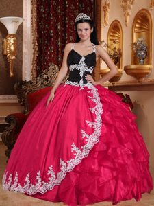 V-neck Halter Coral Red Appliqued Dress for Quince in Taffeta and Organza