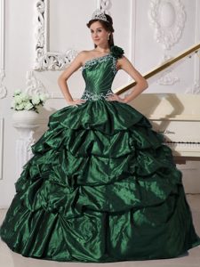 Single Shoulder Taffeta Dresses for Quince with Appliques and Pick-ups
