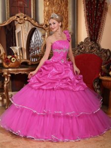 Hot Pink One Shoulder Beaded Quinceanera Dress with Pick Ups in Organza