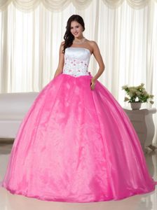 Embroidery Strapless Floor-length Organza Quinceanera Dress in Hot Pink