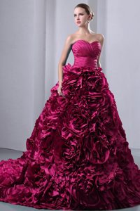 Hot Pink Sweetheart Taffeta Ruched Quinceanea Dress with Rolling Flowers