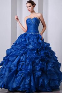 Blue Princess Sweetheart Beaded Quinceanea Dress with Ruffles in Organza