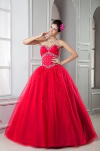 Red Sweetheart Floor-length Tulle Quinceanera Dress with Beading on Sale