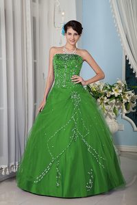 Green A-line Strapless Tulle Quinceanera Dresses with Shining Beading
