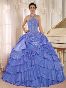 Unique Halter Top Blue Pleated Quinceanera Dress with Beading in Organza