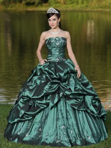Customize Strapless Quinceanera Gowns in Taffeta with Pick Ups in Green