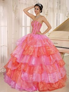 Pretty Pink and Orange Organza Sweet 16 Dress with Ruffles and Appliques