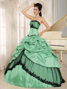 Green and Black Quinceanera Gowns in Taffeta with Pick-ups and Appliques