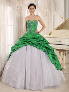 Luxurious Embroidery Dress for Quince with Pick-ups in Green and White