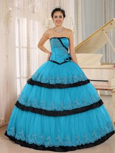 Elegant Lace Strapless Dress for Quince with Hand Flowers in Aqua Blue
