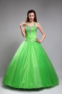 2013 Green Halter Top Tulle Beaded Quinceanera Dress on Wholesale Price