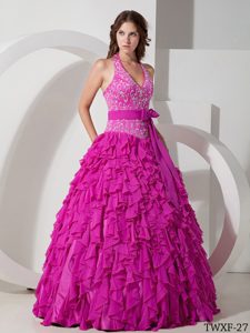 Popular Halter Top Chiffon Quinceanera Dresses with Embroidery and Bow
