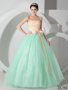 Beautiful Strapless Organza Ruched Quinceanea Dress with Sash and Bowknot