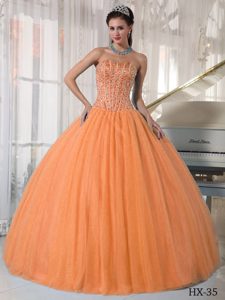 Attractive Orange Red Tulle Beaded Quinceanera Dresses for Custom Made