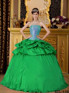 Pretty Green Strapless Taffeta Quinceanera Dress with Appliques and Pick-ups