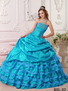 Aqua Blue Strapless Taffeta Beaded Quinceanera Dresses with Layers on Sale