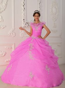 Pink V-neck Taffeta and Organza Beaded Quinceanera Dress with Appliques