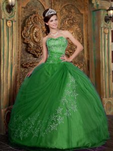 2014 Green Sweetheart Appliques Decorated Tulle Quinceanera Dress on Sale