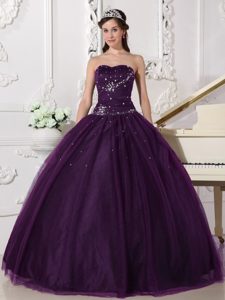 Dark Purple Sweetheart Tulle Quinceanera Dress with Beading on Promotion