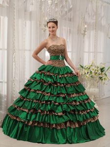 Green Sweetheart Taffeta and Leopard Quinceanera Dress with Ruffles on Sale