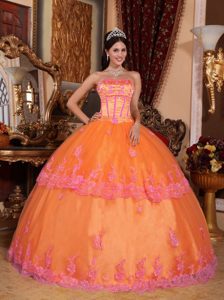 Attractive Orange Strapless Organza Lace Quinceanera Dress with Appliques