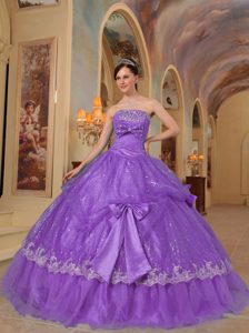 Purple Strapless Organza Quinceanera Dress with Bows and Sequins for 2014