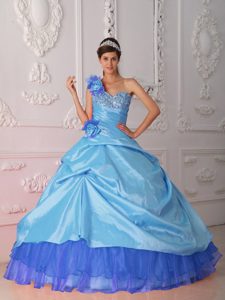Blue One Shoulder Organza and Taffeta Beaded and Ruched Quinceanera Dress