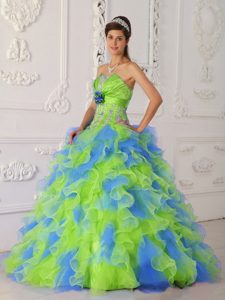 Multicolor Organza Quinceanera Dress with Appliques and Hand Made Flower
