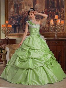 New Green One Shoulder Taffeta Quinceanera Dress with Hand Made Flowers