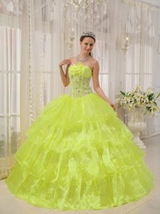 Yellow Strapless Taffeta and Organza Quinceanera Dress Beaded with Flowers