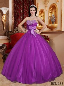 Dressy Purple Tulle and Taffeta Beaded Dress for Quinceanera with Bowknot