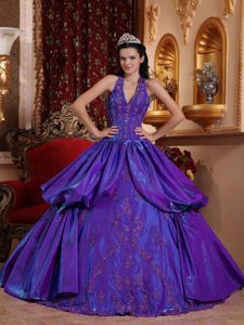 Romantic Purple Halter Top Taffeta Sweet Sixteen Dress with Appliques