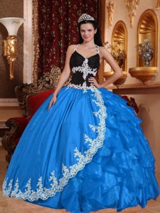 Popular Halter-top V-neck Organza Quinceanera Dress in Blue and Black