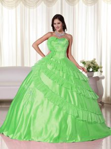 Spring Green Taffeta Romantic Long Quinceanera Gowns with Embroidery