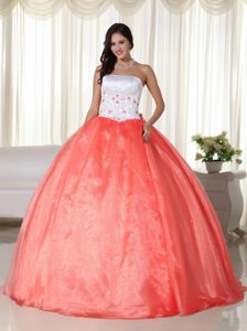 Fashionable Lace-up Embroidered Quinceanera Gown in Orange and White