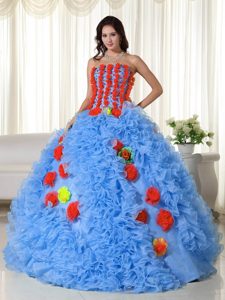 Modern Beaded Zipper-up Aqua Blue Organza Quinces Dress with Flowers