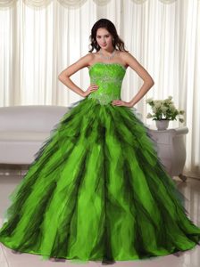 Green Lace-up Floor-length Beaded Taffeta Special Dress for Quinceanera