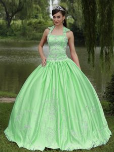 Apple Green Halter-top Beaded Satin Magnificent Quinces Dress under 250