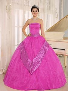 Strapless Beaded Organza Long Classical Sweet Sixteen Dress in Hot Pink