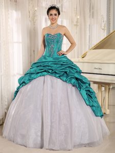 Popular Turquoise and White Lace-up Quinceaneras Dress with Embroidery