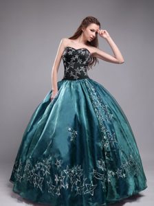 Attractive Teal and Black Embroidered Lace-up Organza Dress for Quince